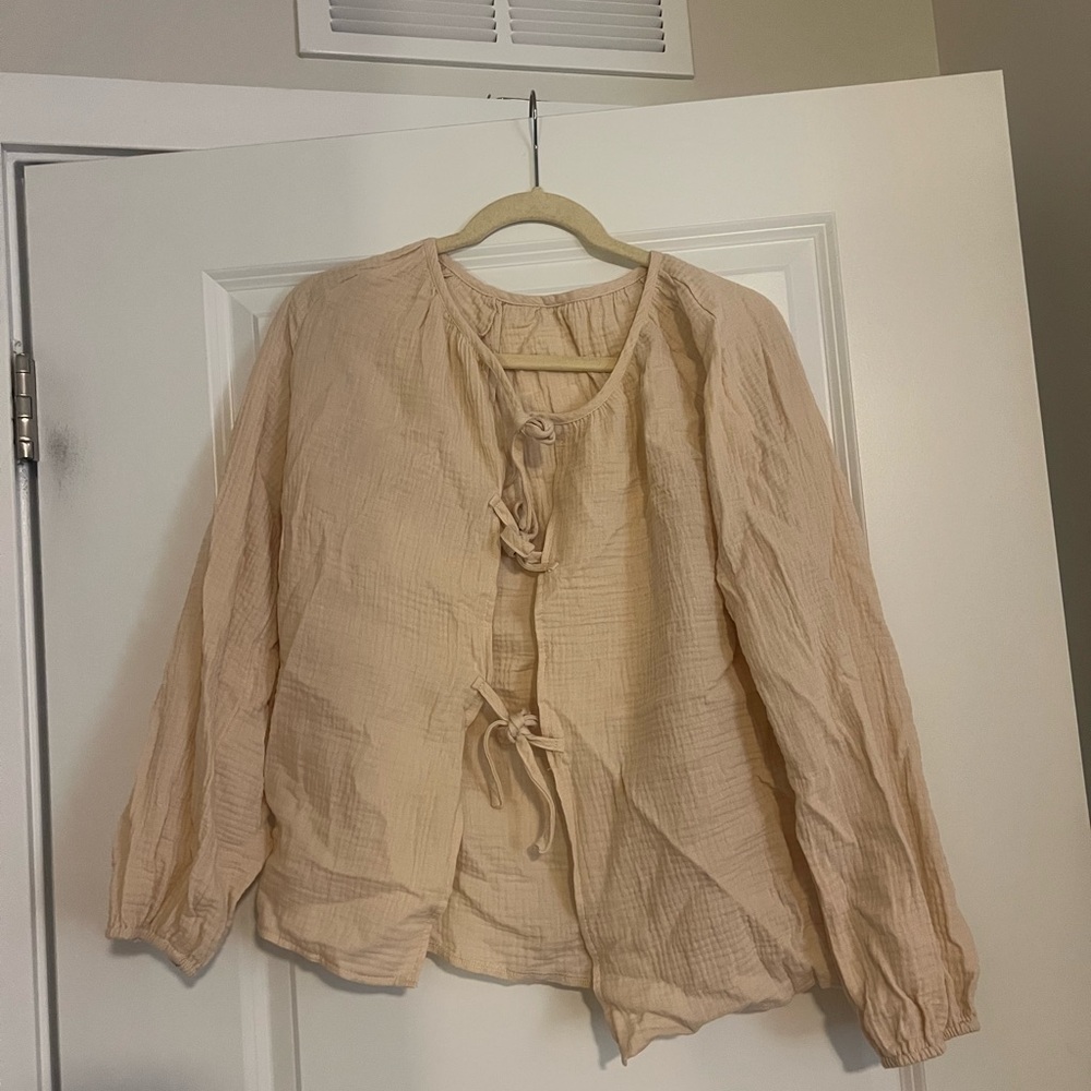 Tan Relaxed Tie Front Blouse with Mandarin Collar